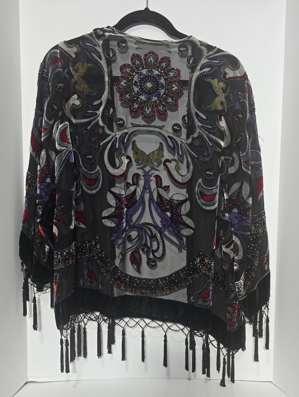 JBS Sheer Embroidered Beaded Kimono Jacket Black Floral Fringe